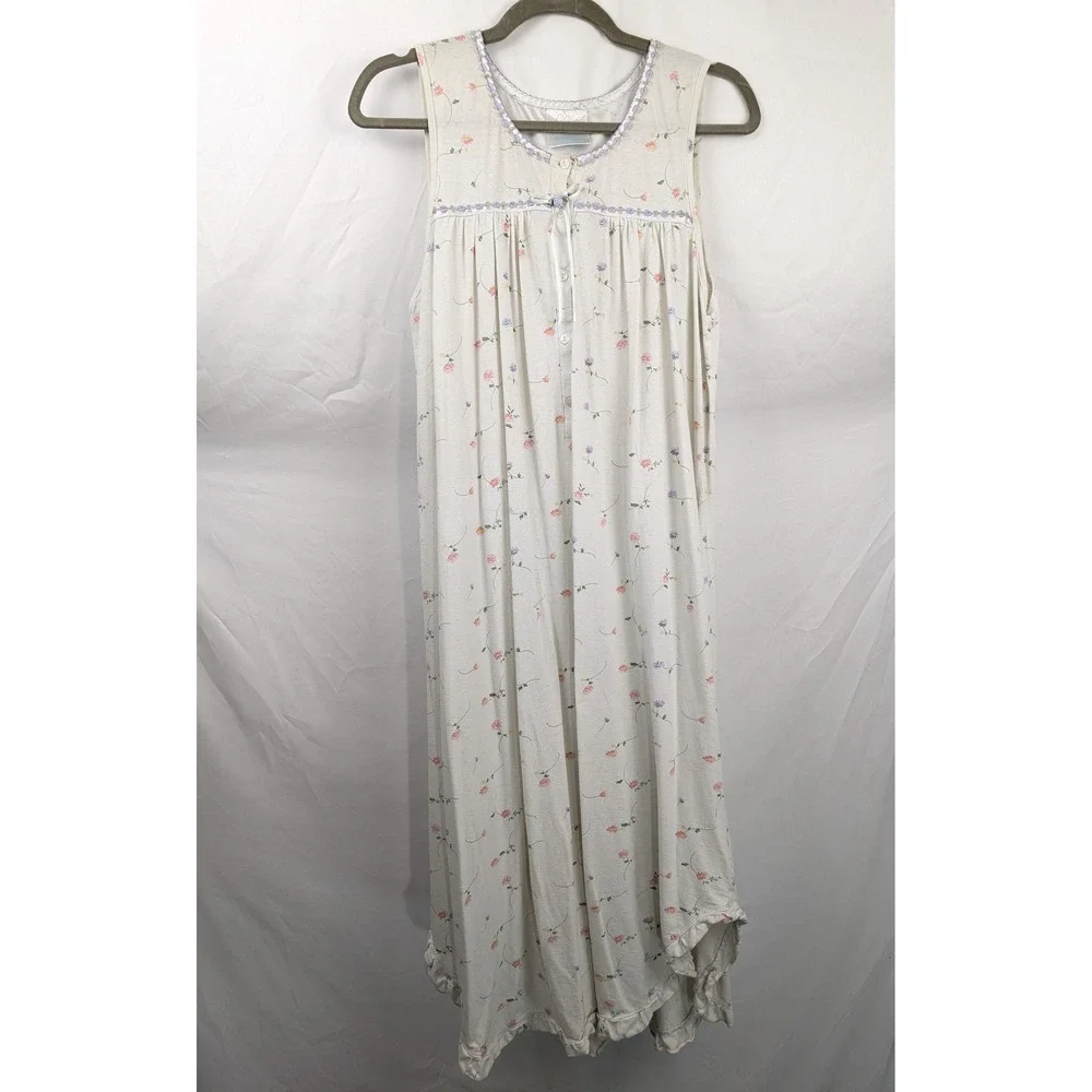 Vintage 90s Floral Lace Trim Sleeveless Nightgown Size S Cottagecore Button Twee